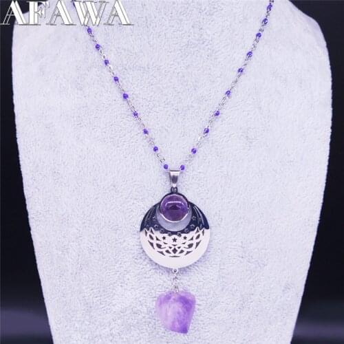 2021 Witchcraft Purple Crystal Stainless Steel Necklace Chain Women Wicca Star Moon Silver Color Necklace Jewelry cadena N651S02