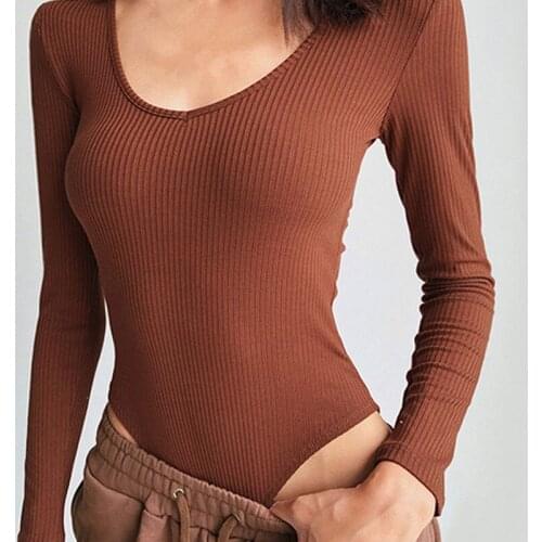 Womens U-Neck Rib Solid Bodysuits Button Open White Long Sleeve Elastic Slim Bottoming T-Shirt Femme Ballet Dancers Performance