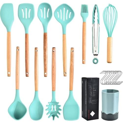 12 Pieces Natural Wooden Handles Cooking Tool BPA Free Non Toxic Silicone Turner Tongs Spatula Spoon Kitchen Gadgets Utensil Set