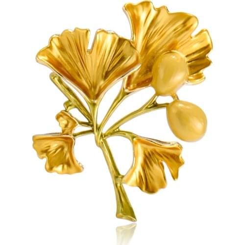 Blucome Golden Ginkgo Leaf Brooches Enamel Plant Corsage for Women Girls Suit Collar Clip Pins Wedding Party Jewelry Gifts