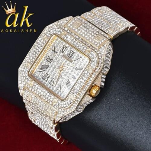 Square Watch Big Dial Military Quartz Clock Gold Color Business Waterproof Hip Hop Jewelry