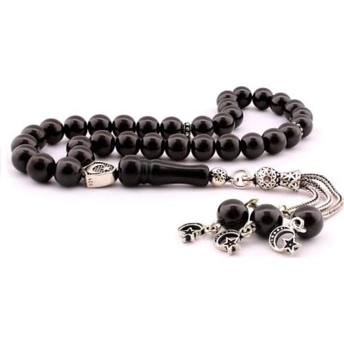 Natural Jet Stone Prayer Bead With Silver Tassel Men Rosary Islamic Tasbih With Crescent Star Tassel 925 Sterling Silver