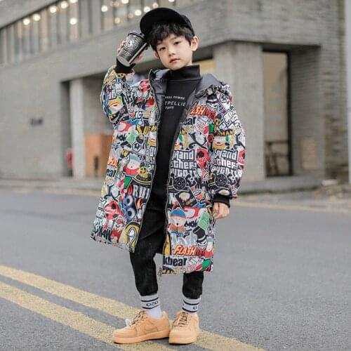 2021 Winter Childrens Fashion Long Coat Boys Double-sided Down Coats Childrens Warm Thicken Parker Hooded Jacket 8 10 12 14 Y
