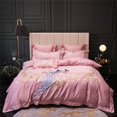Noble 100S Egyptian cotton Embroidered Bedding sets Peacock Queen King Princess Duvet cover Bed sheet set Pillowcases 4/6pc Pink