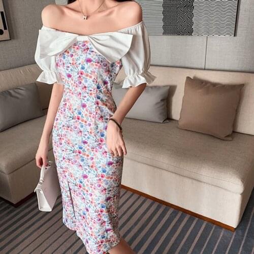 Summer Graceful Puff Sleeve Floral Dress 2021 Sweet Off-Shoulder Design Sense Slit Skirt