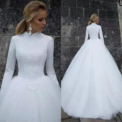 Muslim Wedding Dress High Neck Long Sleeve Modest Design Ball Gown Lace TUlle Bridal Gown vestido de noiva