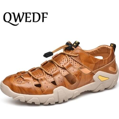 New Cow Genuine Leather Sandals Outdoor 2019 Summer Men Shoes Men Breathable Casual Shoes Footwear Walking Beach Sandals CZ-84