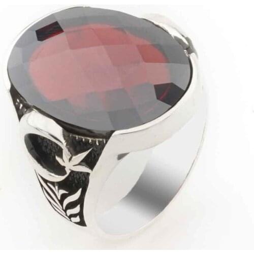Red Cubic Zirconia Moon Star Sterling Silver Men 'S Ring