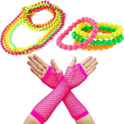 Women Girls 80s Fancy Dress Accessories Neon Fingerless Fishnet Gloves Beaded Necklace Bracelet for Retro Party Outfit Costume