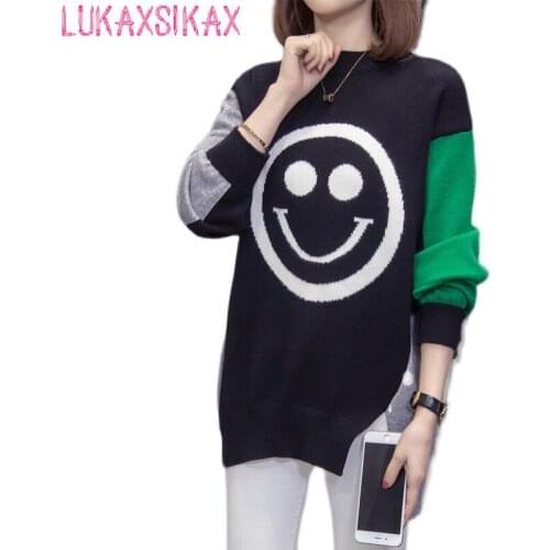 2020 New Autumn Winter Women Loose Pullover Sweater Fashion Contrast Color Patchwork Cute Smiley Face Print Knitted Sweater