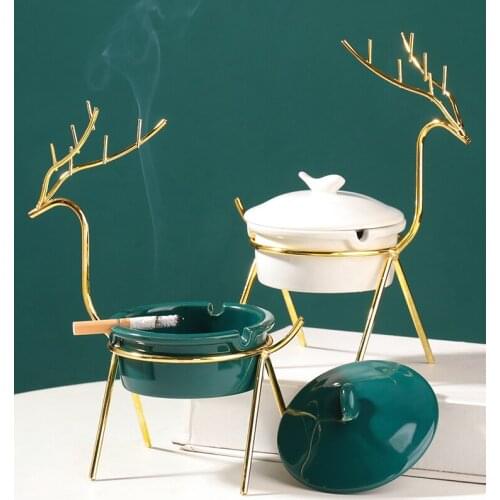 Nordic Style Ceramic Deer Ashtray Home Living Room Decoration Creative Office with Lid Prevent Fly Ash Cylinder