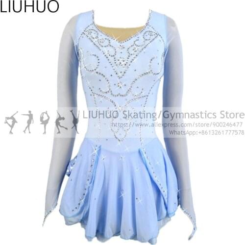 Ice Figure Skating dress Girls Blue bowknot Children dance costumes ballroom performance wear Skirt Competition skate dress lady