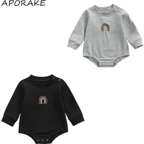 2021 0-24M Newborn Boy Girls Casual Playsuit Toddler Rainbow Embroidery Pattern Long Sleeve Round Neck Romper Fall Cotton Outfit