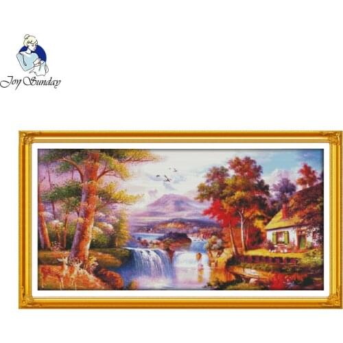 Joy Sunday Scenery style Golden scenery Counted free cross stitch alphabet pattern for home decoration stitch embroidery designs