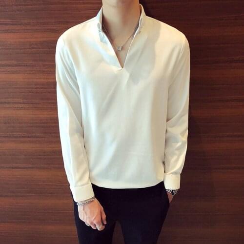 Solid Color Pullover Shirt for Men 2021 Summer V-neck Long Sleeve Shirts Business Casual Slim Shirt Social Office Chemise Homme