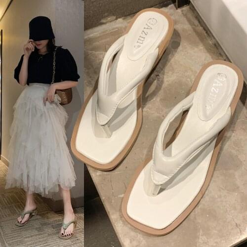 Square Head Woman Slippers Summer Ladys Flip Flops Slippers Crystal Transparent Ball Low Heel Clip Toe Shoes Women Slides Shoe