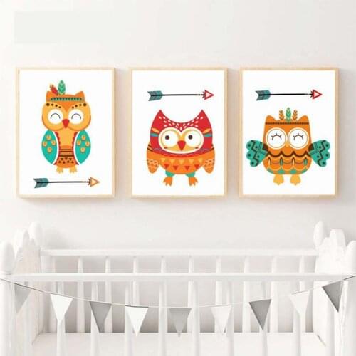 Nordic Spray Color Cartoon Feathered Animals Owl Bow And Arrow Tent Canvas Painting Wall Pictures Posters Living Room Decoration