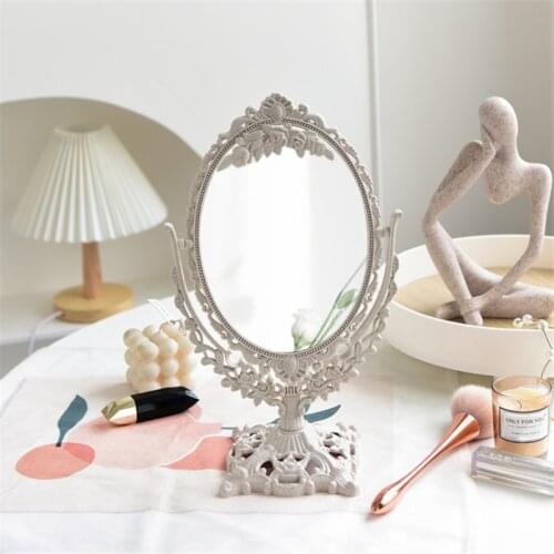 Nordic Silver Plastic Rotatable Vintage Oval Makeup Mirror Decorative Mirror Bedroom Mirror Table Standing Glass Mirror