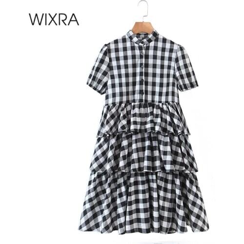 Wixra Womens Cascading Ruffle Plaid Dresses Stand Collar Short Sleeve High Street Cothing 2021 Summer Hot