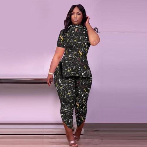 ZJFZML ZZ Women Clothing Two Piece Set Plus Size Splash Ink Print Short Sleeve T-shirt+split Hem Pants Dropshipping Wholesale