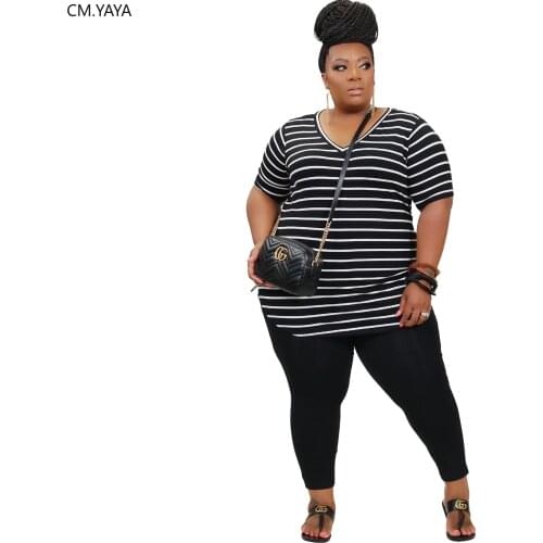 CM.YAYA Women Plus Size XL-5XL Striped Print V-neck Tee tops jogger sweatpant suit two piece set sport matching set outfit