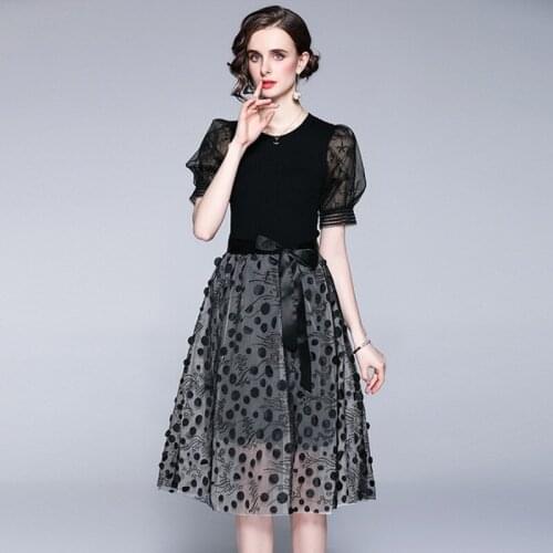 2021 Summer Elegant Knitted Sweater Short Puff Sleeve Pullover Women Sweet Mesh Patchwork Bowknot One-Piece Casual Dresses