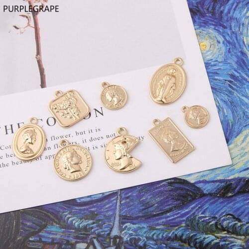 10pcs Asian gold portrait coin shape DIY pendant earrings homemade material European retro queen color