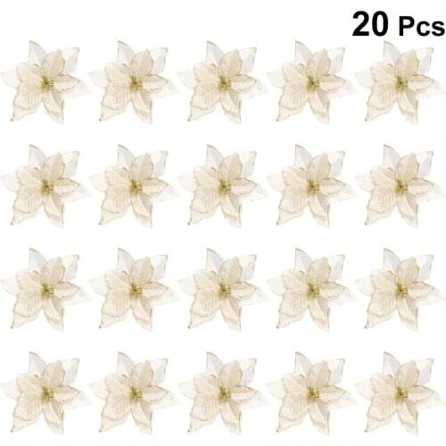 20PCS Glitter Cloth Flower Pendant Hanging Adornment Christmas Gifts Home Decoration DIY Wreath Accessory (Golden)