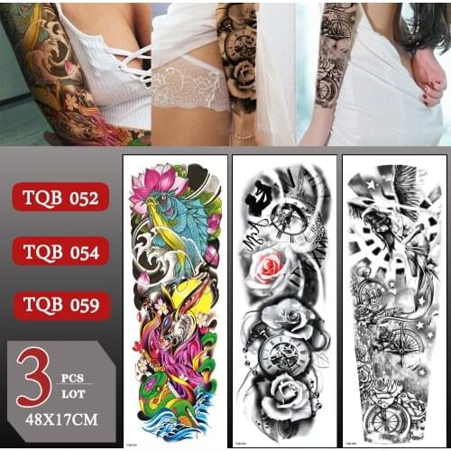 3 pcs/lot Full Arm Waterproof Temporary Tattoo Sticker Large Arm Sleeve Fake Tattoos For Men Women Colorful Skull Arm Sticker
