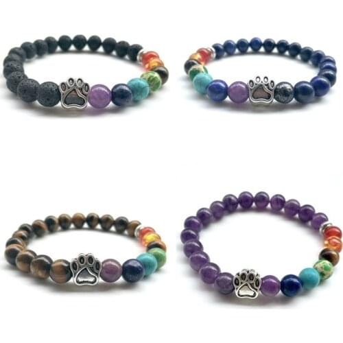 7Colors 8mm Seven Chakras Stone Beads Bracelets Dog Cat Footprint Paw Charms Bracelet Pet Lover Strench Jewelry Drop shipping