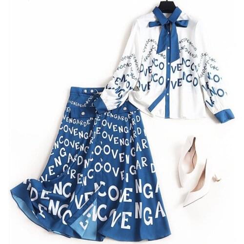 Vintage Elegant Print Button Up Bow Blouses and Midi Skirts Women Office Work Sets Causal 2 pcs Set Dress Sets