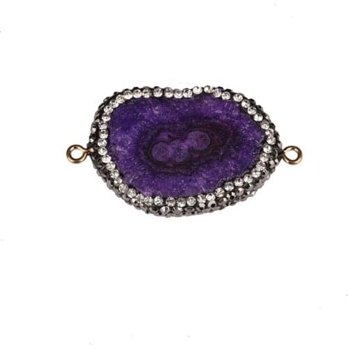 Big purple geode quartz crystal stone slice bead pave rhinestone pendant 2 buckles connector charm Jewelry DIY making material