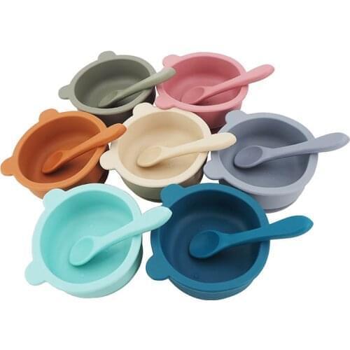 Chenkai 5Set 9 color Baby Feeding Bowl Bear Shape Food Grade Silicone Anti-flip Suction Infant Tableware Waterproof Bowl Spoon