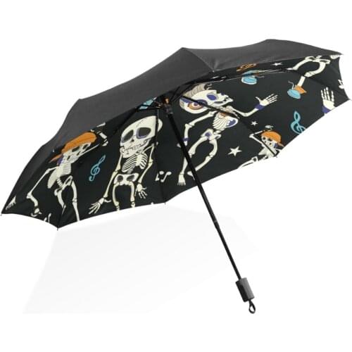 Skull Dancing Music Black Pattern Umbrella Automatic Folding Rain Umbrella Women Anti-UV Protection Sunscreen Windproof Parasol