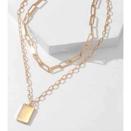 European And American New Square Pendant Two-piece Set Single Belt Necklace Punk Personality Golden Sweater Chain