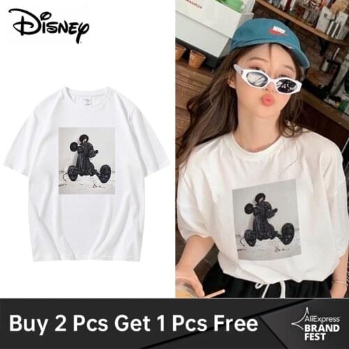 Disney Womens T-shirts Harajuku Girls Plus Size Tops Mickey Letter O-neck Short Sleeves Loose Summer Tshirt White Tees S-2XL