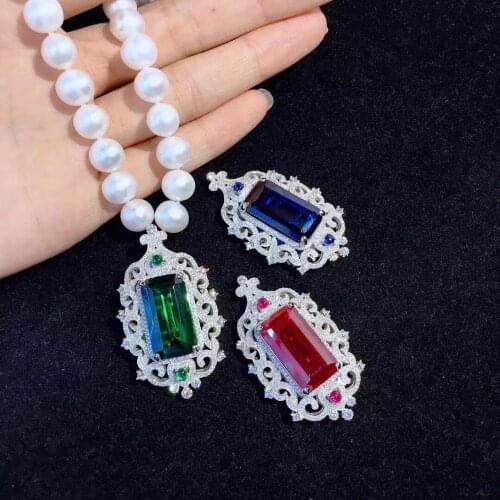 Geometric square red blue green zircon pendant pearl necklace short choker for women luxury jewelry party necklace
