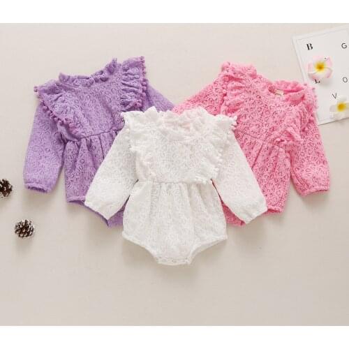FOCUSNORM 0-12M Princess Baby Girls Boys Bodysuits Lace Flowers Ruffles Collar Long Sleeve Jumpsuits 3 Colors