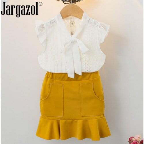 Fashion Girls Clothes Set White Lace Blouse Shirt and Yellow Fishtail Skirt Baby Girl Elegant Clothing Suit Kids Outfits Sets