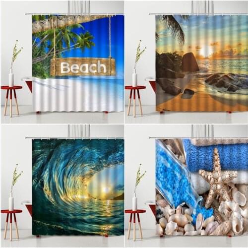 Seaside Scenery Shower Curtain Sunset Beach Waves Ocean Coconut Trees Starfish Tropical Landscape Bathroom Decor Bath Curtains