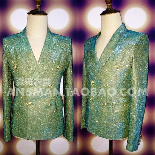 2021 New Men Clothing Prize Green Gradient Flash Powder Double-breasted Suit Singer Stage Costumes Formal Dress Blazer