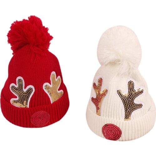 Newest Arrival Kids Christmas Hats Unisex Sequins Antler Patterns Knitted Hat Beanie for Autumn Winter Black/Red/Milky White