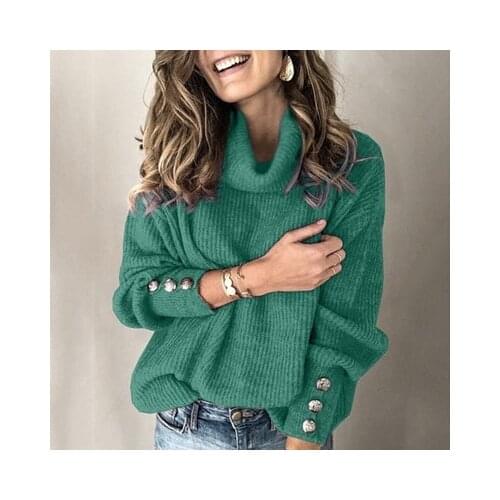 Autumn Winter Women High Collar Solid Sweater Office Ladies Elegant Sweaters Casual Green Fashion Loose Knit Tops Button