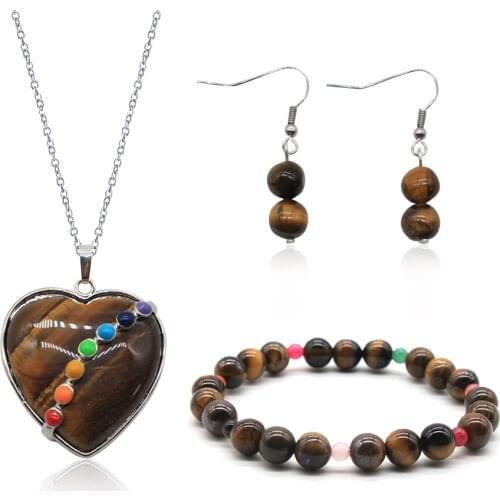 Tiger Eye Stone Women Jewelry Heart Gemstone Pendant Necklace Brown Stone Bracelet DIY Handmade Jewelry GS024