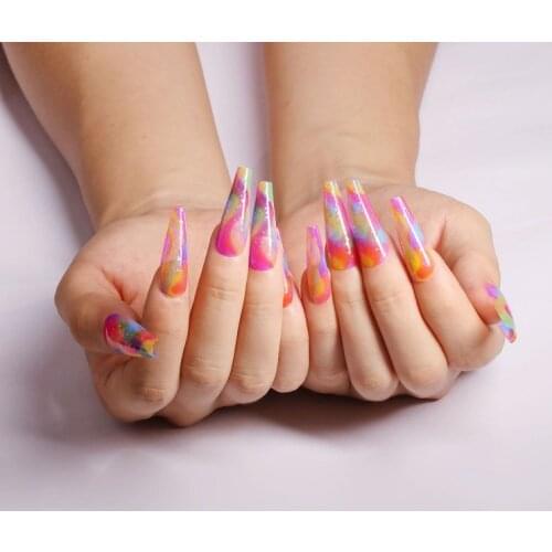 Durable Reusable Translucent Wave Rainbow Extra Long Press On False Nails Glitter GoldFoil Colorful Coffin Fake Nails SM14210413