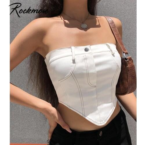 Rockmore White Womens Tube Top Y2K Aesthetic Zip Up Backless Crop Tops Clubwear Vintage Short Tanks Summer Kawaii Camis Korean