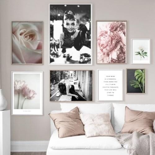Pink Rose Peony Lotus Leaf Fashion Girl Wall Art Canvas Painting Nordic Posters And Prints Plant Wall Pictures For Living Room