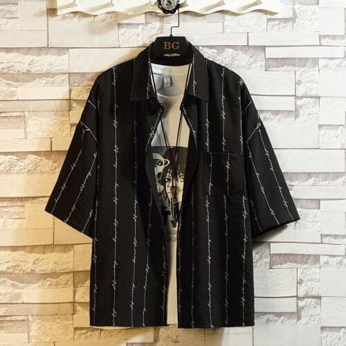 Plus Size 5XL-M Summer Fashion Casual Striped Shirts Men Clothing Simple Front Pocket Decor Loose Chemise Homme Black/White Sale