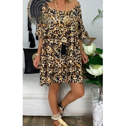 Leopard Color Print Large O-neck Ladies Mid-length Dress Loose Casual Summer New Half Sleeve A-line Harajuku Women 's Dresses