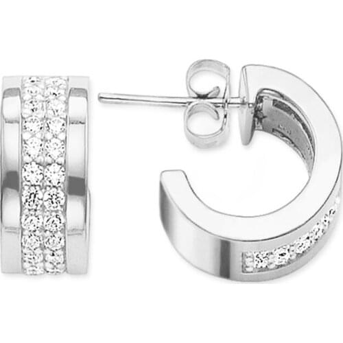 Silver Two Rows CZ Crescent Creoles Hinged Hoop Earrings, Thonmas Style Moon Shaped Creolen Earings Jewelry Gift For Women